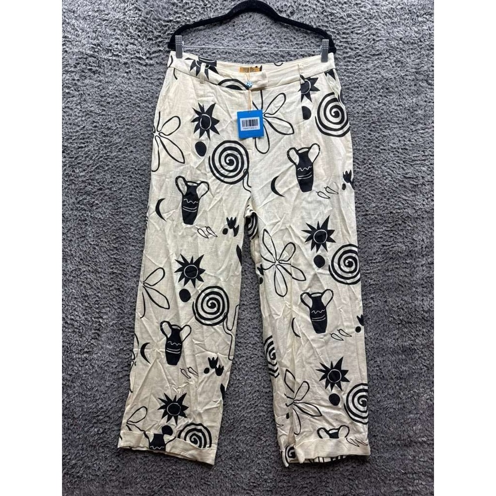 NWT Vrg Grl Printed Linen-Blend High Rise Wide-Leg Pants Off-White Women Size 12